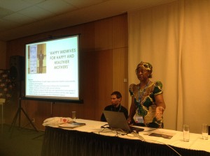 Lennie Kamwendo of WRA Malawi speaks at a session during the 30th Triennial Congress of the International Confederation of Midwives in Prague. Courtesy White Ribbon Alliance.