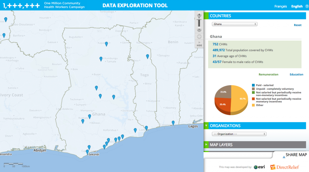 A snapshot of Ghana’s community health workforce on the Operations Room’s Data Exploration Tool. All data collected via the AddYourCount form! Courtesy One Million Community Health Workers Campaign.